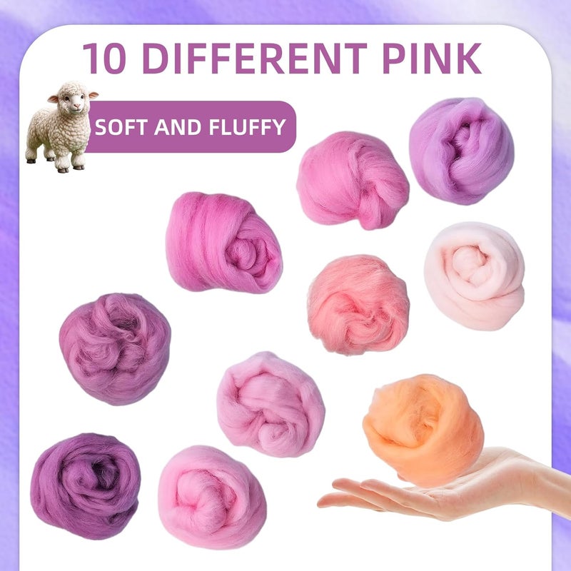 Flylin Needle Felting Wool, 10 Colors Wool Roving Yarn for Beginners and Wet Felting, 10g/Colour Fibre Wool Roving for DIY Craft/Spinning/Wall Hangings/Tapestry (Pink Series) - Image 4